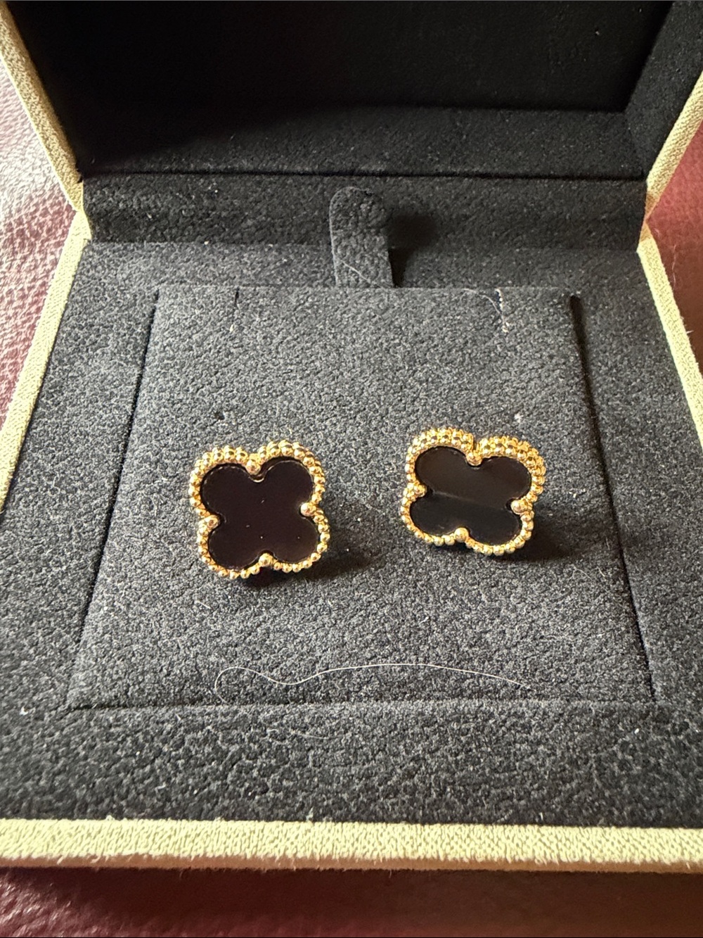 Gold-Trim Black Clover Stud Earrings - Women Jewelry
